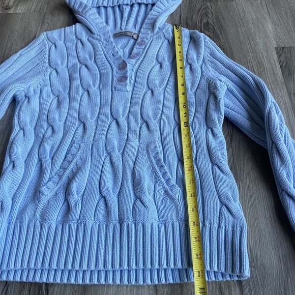 Y2K Croft & Barrow‎ Pastel Blue Cable Knit Henley Sweater Women's Size L w/ Hood - Picture 4 of 5